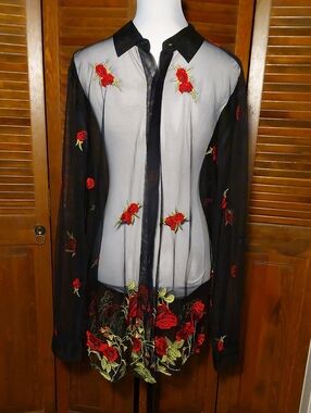 ASOS Black Sheer Button-Down Shirt with Red & Green Floral Embroidery Sz 2XL
